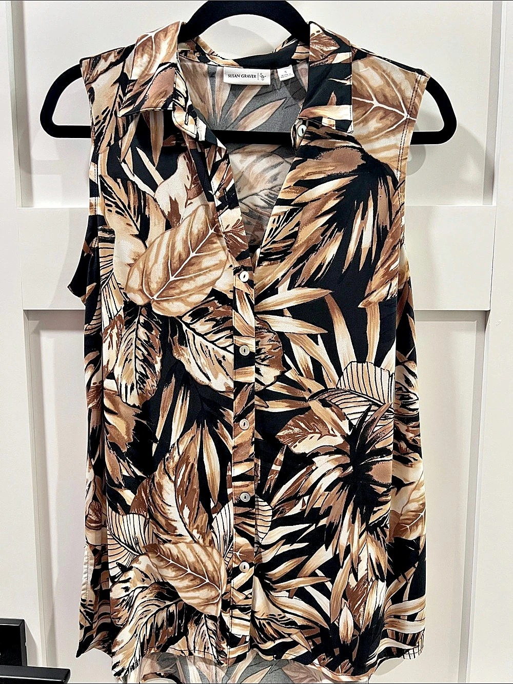 Susan Graver Floral Button Front Blouse in Black & Brown Size Small